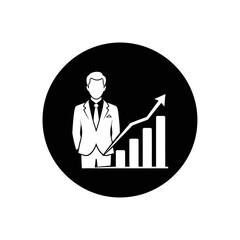 Businessman standing next to a rising bar graph with an arrow