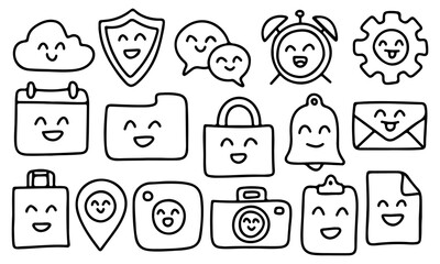 Cute Hand Drawn Smile Icon Set – Kawaii Doodle Cloud, Shield, Chat, Alarm, Gear, Calendar, Folder, Lock, Bell, Envelope, Camera, Document, Location, UI Symbols in Outline Style