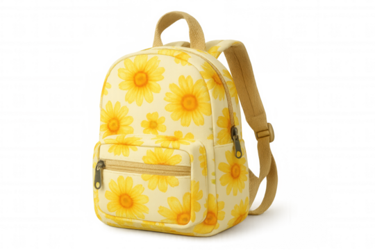 Bright yellow backpack featuring a cheerful daisy pattern, offering a stylish accessory for students and adventurers on the go