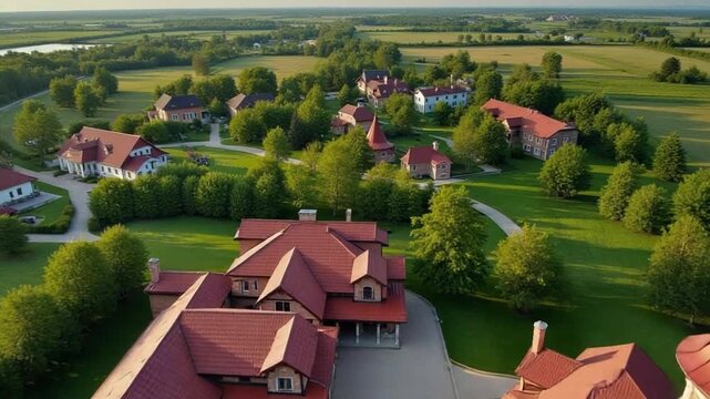 Top view of country houses in sun day at summer, Russia