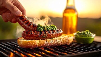Hand places grilled sausage with vibrant chimichurri on bread at sunset.