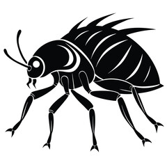 Stylized Black Beetle with Sharp Back Spikes and Prominent Antennae Standing on Six Legs Depicted in Silhouette