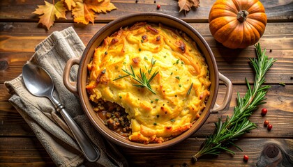 Delicious shepherd's pie with golden potato topping. Rustic fall comfort food.