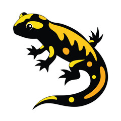Vibrant Cartoon Salamander Depiction Featuring Striking Black Body with Yellow Markings and a Curled Tail against a Clean White Background