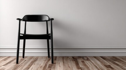 Black Wooden Chair Positioned Against a Light Wall on a Wooden Floor in a Minimalist Indoor Environment During Daylight Hours