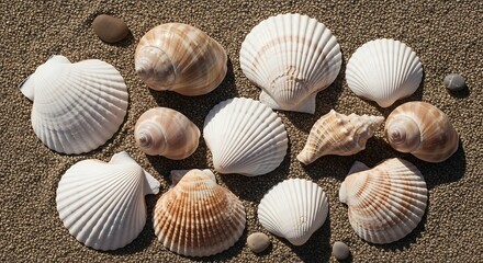 Various seashells on sandy background