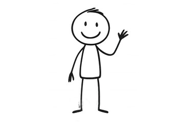 Stick figure drawing waving with friendly gesture, representing casual greeting on clear backdrop, ideal for digital communication