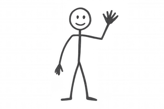 Charcoal stick figure waving with a smile on a transparent background, perfect for simple and friendly visuals - Powered by Adobe