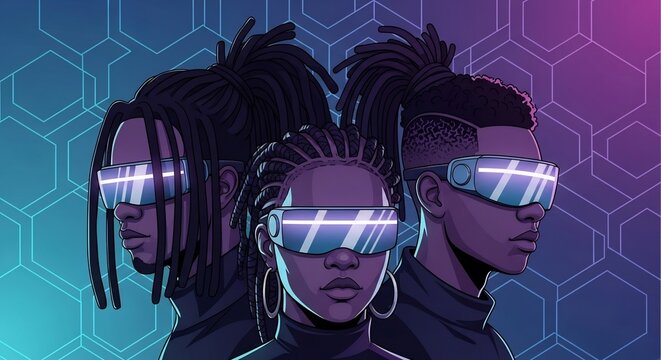 Futuristic vector art featuring three Black individuals wearing VR headsets, set against a geometric background. Ideal for technology, metaverse or digital art designs.