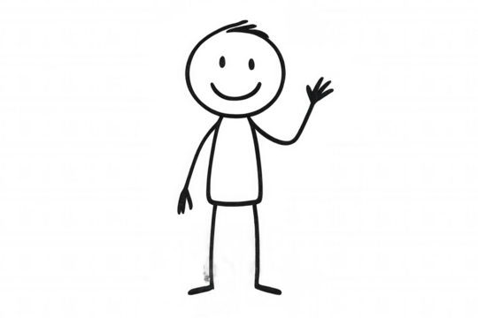 Stick figure drawing waving with friendly gesture, representing casual greeting on clear backdrop, ideal for digital communication