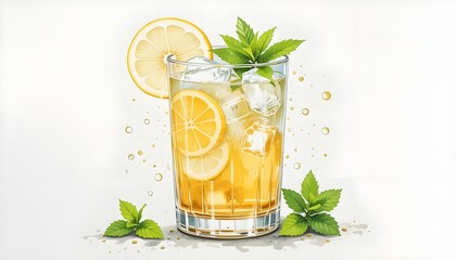 Fototapeta premium Limoncello spritz cocktail watercolor illustration with lemon slices ice cubes and fresh mint in elegant glass on white background