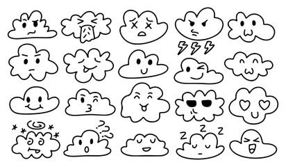 Cute Cloud Emoji Icon Set – Kawaii Doodle Hand Drawn Outline Cartoon with Angry, Happy, Love, Sleepy, Confused, Funny, Expression Faces for Sticker, Emoticon, Weather, Social Media