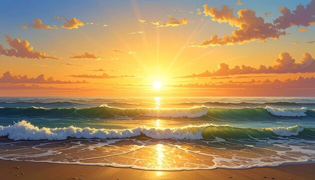 Golden Sunrise Over Pixelated Ocean with Cloudscape Digital Art Style Beach Seascape Shimmering Water Waves Reflections and Warm Glowing Light