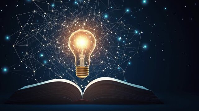 Glowing light bulb emerging from open book with connected network lines and particles, knowledge education innovation concept, creative idea learning technology intelligence inspiration study backgrou