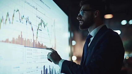 Professional businessman analyzing financial charts on interactive digital whiteboard, pointing at market trends in dimly lit corporate office environment - Powered by Adobe