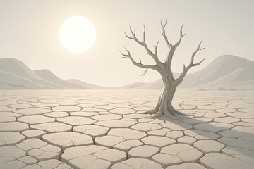 Barren Tree in Cracked Desert Under Hazy Sun - Climate Change and Drought Concept