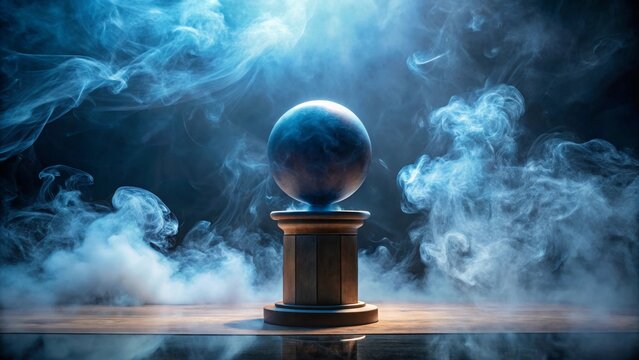 A mystical orb rests on a wooden pedestal, shrouded in ethereal blue smoke, a scene of enigmatic mystery and ancient secrets.