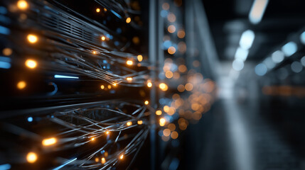 Data Center Network: A close-up perspective reveals a complex network of fiber optic cables, glowing with data transmission in a modern server room setting.