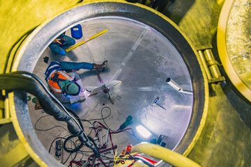 Welding arc argon worker male repaired metal is welding sparks industrial construction tank stainless oil inside confined