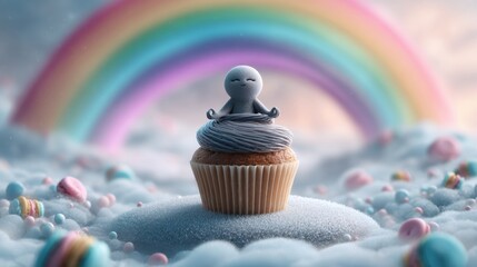 Meditating cupcake on a floating rainbow whimsical dessert fantasy colorful environment dreamlike viewpoint
