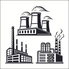 Obraz premium Vector Illustration Black and White Industrial Factory Buildings Silhouettes Set Simple Minimal Flat Style Icons Clipart Stock Image