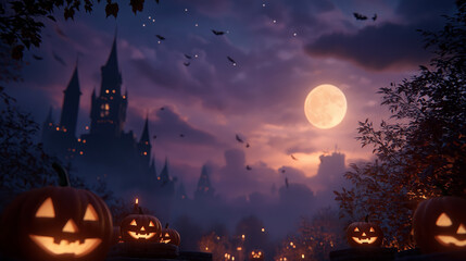 Fototapeta premium Mystic Halloween Night: Embrace the eerie magic of Halloween with a bewitching scene featuring illuminated jack-o'-lanterns, a full moon, and a mysterious castle under a twilight sky.