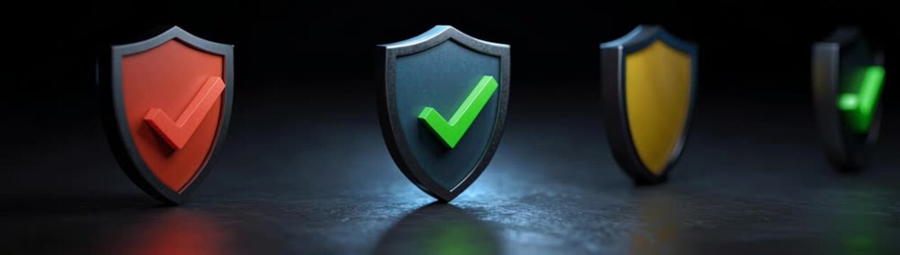 An image showing a row of colorful shields, each representing a different status of security.