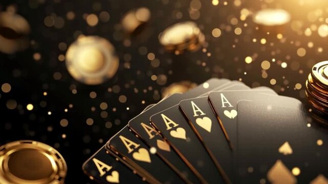 Luxury casino cards video showing golden aces sparkling in dramatic light, gambling concept for poker blackjack roulette wealth luck winning strategy premium background jackpot win