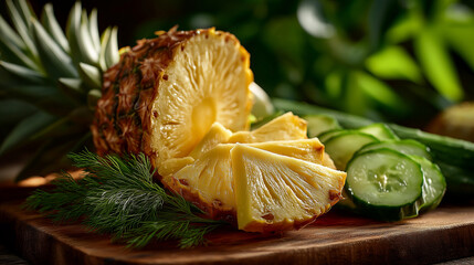Tropical Delight: A vibrant, close-up captures a perfectly sliced pineapple, showcasing its juicy interior alongside refreshing cucumber slices and fresh herbs, inviting a taste of paradise.
