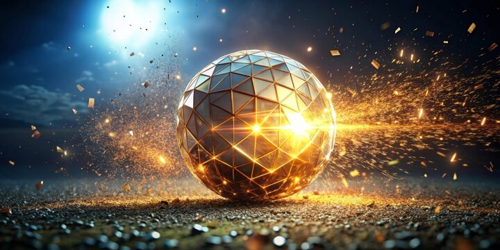 A luminous golden sphere, geometrically faceted, rolls across a dark surface, trailing incandescent sparks and debris in its wake.