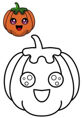 Halloween pumpkin coloring page and full color cartoon – Cute kids illustration