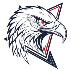 Minimilist stylized eagle head with red eye and geometric triangle background in black and white illustration vector