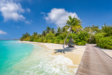 Amazing Maldives beach landscape with long wooden pier and palm trees on tropical island shore, calm turquoise sea and clear blue sky, summer vacation travel tourism background, exotic paradise scene