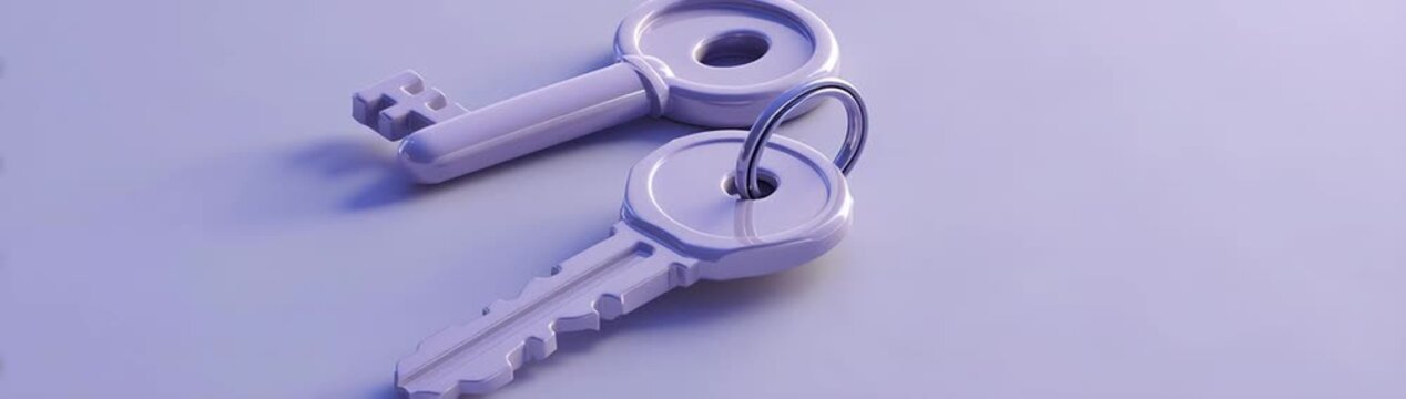 A pair of shiny, modern keys on a light, reflective surface.