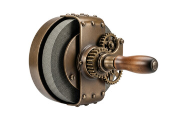Antique tarnished bronze industrial angle grinder with intricate brass gears and a dark wooden handle, on a transparent studio background. Concept of industrial heritage