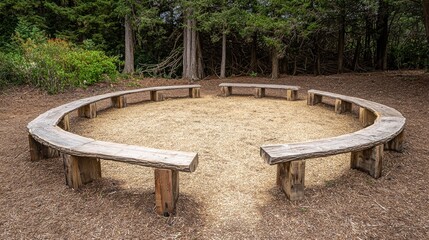 Wooden circle benches in nature