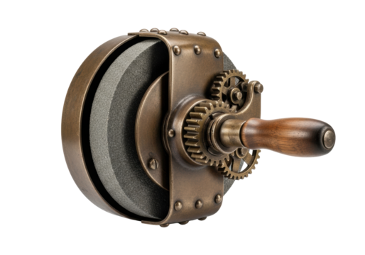 Antique tarnished bronze industrial angle grinder with intricate brass gears and a dark wooden handle, on a transparent studio background. Concept of industrial heritage
