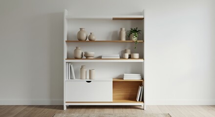 Fototapeta premium Clean geometric shelving with carefully arranged objects - ceramic vases, books, small plants, white and wood color scheme, Scandinavian design aesthetic, commercial home decor photography