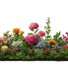 Obraz premium Vibrant floral border showcasing diverse blooming plants in various colors and textures, set against a stark white backdrop