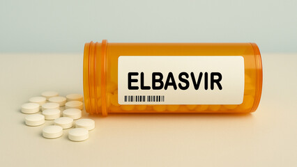 Box of ELBASVIR tablets on a hospital pharmacy table used to treat hepatitis C a direct acting...