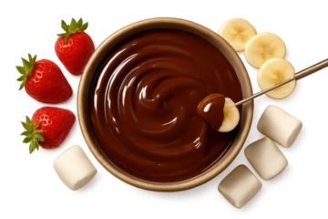 Delicious chocolate fondue with strawberries, banana, marshmallow isolated cutout