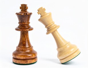 Two Chess Kings Brown and Beige Wooden Pieces on Bright White Surface Close Up