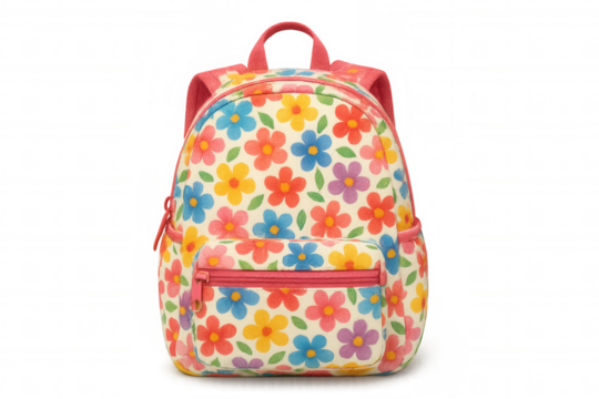 Cheerful kids backpack featuring vibrant botanical pattern, lightweight design for school or traveling