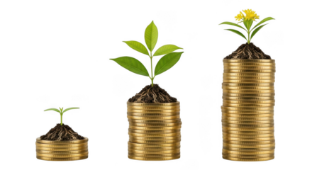 3d golden coins stacked growing plant symbolizing financial growth transparent background