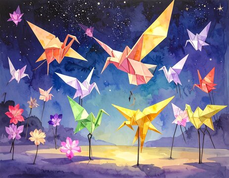 Colorful origami cranes flying at night