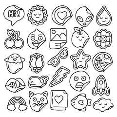 Cute Doodle Sticker Icon Set – Hand Drawn Outline Cartoon of Love, Animal, Nature, Space, Food, Object, Symbol, Kawaii Style for Digital Sticker, Emoji, Emoticon, Decoration, Social Media, Vector Pack