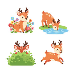 Adorable baby deer cartoon set. Cute fawn character in various activities