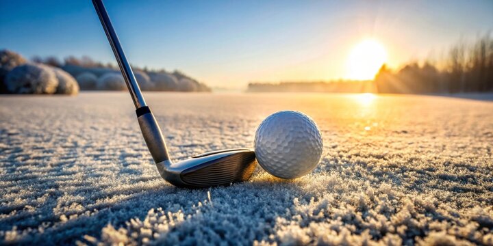 A frosty sunrise scene features a golf club and ball resting on a snow-covered course, bathed in the golden light of the morning sun.