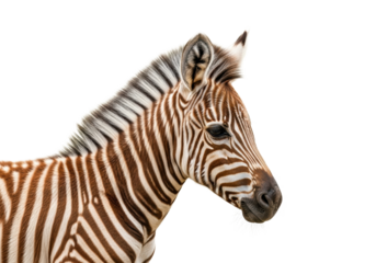 Young plains zebra foal, a few weeks old, fuzzy brown-beige striped coat, attentive ears, expressive eyes, on transparent studio background, soft high-key lighting, concept of natural beauty and