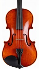 Fototapeta premium Detailed Front View of a Classic Wooden Violin with Warm Varnish and Black Fittings on White